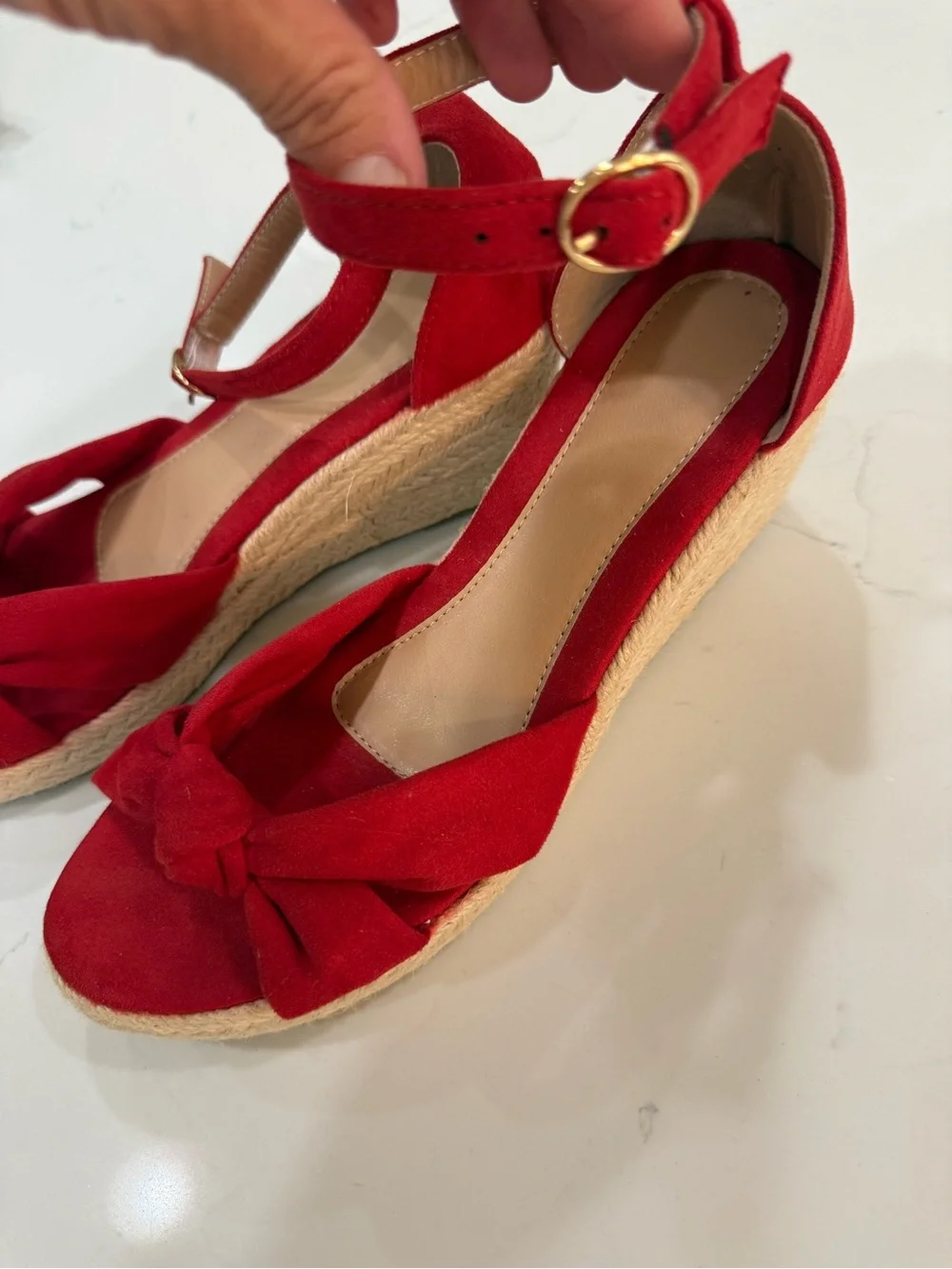 ❤️ Red Suede Bow Wedge Sandals